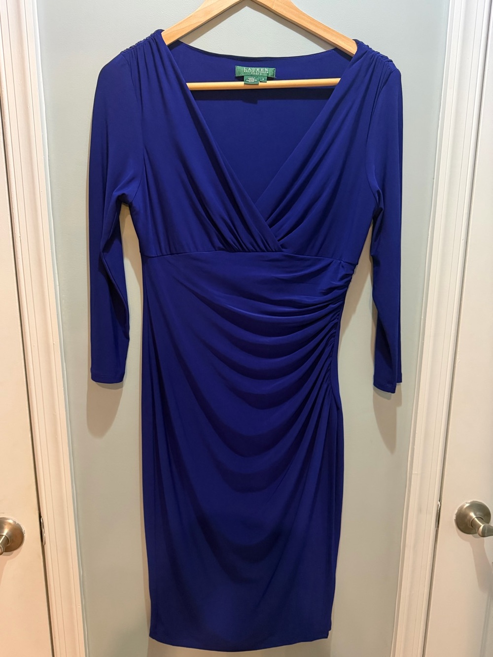 Ralph Lauren Cobalt Blue Faux-Wrap Ruched Long Sleeve Dress